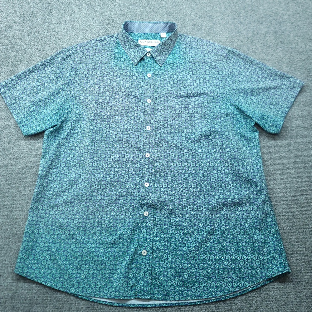 Nick Graham Everywhere Mens XL Teal Floral Stretch Modern Fit Button Down Shirt